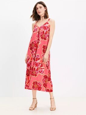 LOFT Textured Floral Linen Blend Strappy Maxi Dress NWT